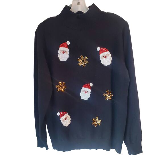 Victoria Harbour Christmas Santa Snowflake Sequin Sweater Womens Large Black - Picture 1 of 4